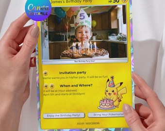 Pocket Monster Card TCG Invitation | Anime Battle Card Template | Editable Trading Card Birthday Invite | Yellow Electric Monster Party