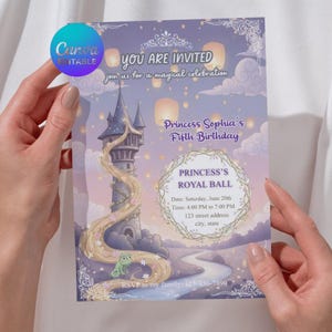 Magical Tower Princess Birthday Invitation | Floating Lanterns Party Invite | Long Hair Princess Royal Ball | Purple & Gold Celebration