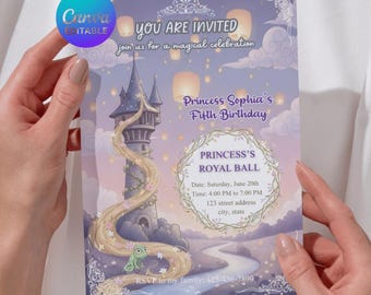 Magical Tower Princess Birthday Invitation | Floating Lanterns Party Invite | Long Hair Princess Royal Ball | Purple & Gold Celebration