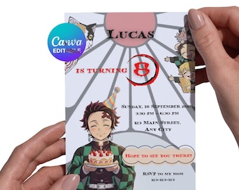 Green and Black Checkered Boy Anime Birthday Invitation | Japanese Slayer Theme Invite | Editable Canva Template | Digital Manga Party Card