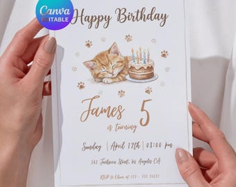 Kitten Birthday Invitation | Editable Canva Template | Watercolor Cat Party | Ginger Kitty Invite | Customizable Invitation