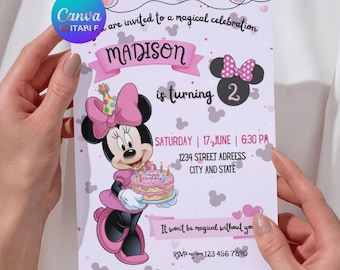 Pink Mouse Invitation with Bow | Glitter Girl Birthday Invite | Editable Kids Party Template | Canva Link