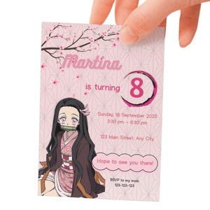 May include: A pink birthday invitation featuring an anime character and cherry blossom branches. The invitation reads "Martina is turning 8" with the date, time, and location details. The invitation is held by a hand.