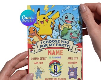 Yellow Monster Birthday Invitation | Anime Creature Party Invite | Pocket Monster Editable Template | Digital Kids Party Card.