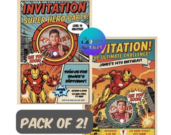 Superhero Comic Birthday Invitation | Pack of 2 | Red & Gold Hero Template | Vintage Comic Style | EditableCanva | Personalized Photo Invite