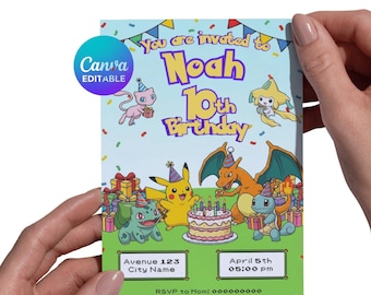 Pocket Monster Birthday Invitation | Editable Template | Gamer Party Invite | Yellow Monster | Printable Anime | Instant Download
