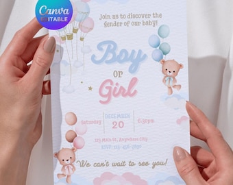 Gender Reveal Invitation | Watercolor Teddy Bear Template | Boy or Girl Balloon Invite | Editable Canva Template | Hot Air Balloon Reveal