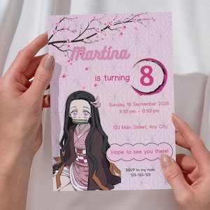 May include: A pink birthday invitation featuring the name "Martina" and the number "8". The invitation includes a cartoon illustration and event details: date, time, and location. The invitation is held by a person.