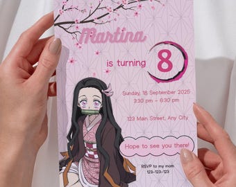 Pink Kimono Girl Birthday Invitation | Editable Template for Girls | Japanese Style Party Card | Sakura Anime Invite | Digital Download