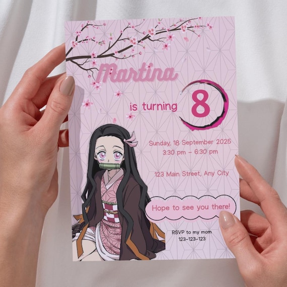 Pink Kimono Girl Birthday Invitation | Editable Template for Girls | Japanese Style Party Card | Sakura Anime Invite | Digital Download