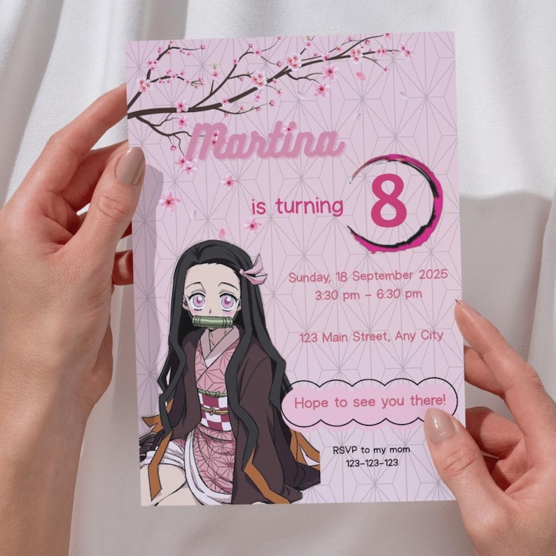 May include: A pink birthday invitation featuring the name "Martina" and the number "8". The invitation includes a cartoon illustration and event details: date, time, and location. The invitation is held by a person.