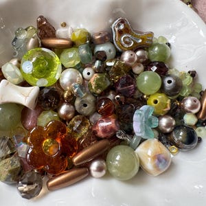 50g Green Brown Beads Mix, Natural Stone, Glass Flowers & Birds, Ceramic Beads, Necklace and Jewellery Making — Olive Reverie