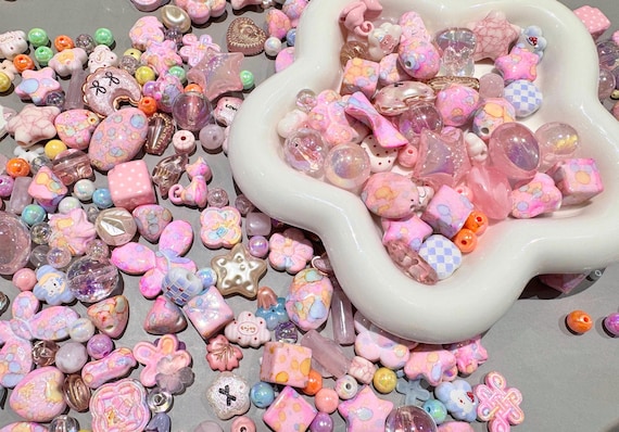 50g Pink Candy Acrylic Bead Mix, Cute Star Heart Cat Moon Beads,  Pastel Bead Soup for DIY Jewelry