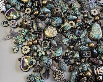 50g Dark Forest Bead Mix, Vintage Patina Acrylic Beads, Antique Brass Copper Look Beads, Gothic Jewelry Supplies - Dark Forest Relics v2
