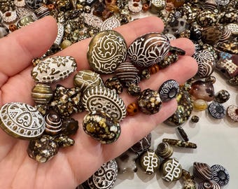 50g Ancient Earth Tribal Bead Mix , Carved Pattern Acrylic Beads, Boho Ethnic Jewelry Making Supplies, Brown Statement Beads—Tribal Artifact