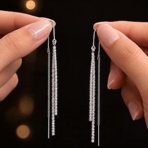 Pendientes plateados sin talón, delicados pendientes colgantes, pendientes minimalistas de cadena, pendientes largos con borlas, regalo de joyería ligero para ella.