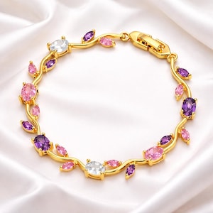 Gold Crystal Flower Bracelet, Pink Purple Floral Bracelet, Dainty Gold Vine Jewelry, Coquette Fairycore Bracelet, Gift for Her