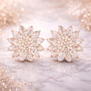 Pendientes de girasol, pendientes de flores de oro rosa, pendientes florales de cristal, regalo brillante para ella, pendientes llamativos y bonitos, joyería para mujer