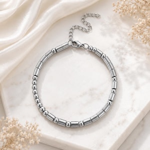 Morris Code Bracelet, Stainless Steel Bead Bracelet, Minimalist Silver Bracelet, Unisex Geometric Chain Bracelet, Gift for Him