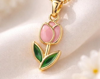 Pink Tulip Necklace Gold, Minimalist Flower Pendant Necklace, Botanical Jewelry, Spring Flower Necklace Gift for Her