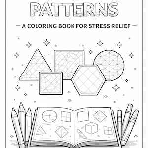 Może przedstawiać: Czarno-biała ilustracja książki do kolorowania zatytułowanej "GEOMETRIC PATTERNS - A COLORING BOOK FOR STRESS RELIEF". Obraz przedstawia geometryczne kształty, ołówki i tekst "Metal Box Designs 1-5".