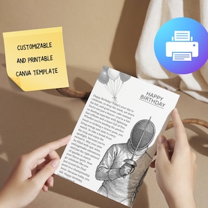 May include: A birthday card with a black and white illustration of a fencer. The card has the words "Happy Birthday" and a message about celebrating and enjoying the day. A yellow sticky note says "Customizable and Printable Canva Template."
