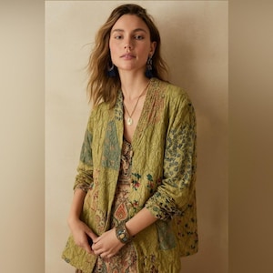 Natural Choice Vintage Green Floral Patchwork Jacket, Women's Size XL