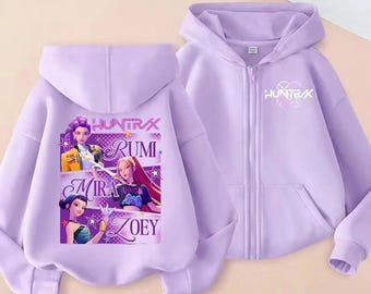 Custom KPop Demon Hunters Zipper Hoodie Cartoon Girl Coat Fashion Thin Clothes Purple Autumn Hoodie Jacket Kids Anime Sweatshirt Gift