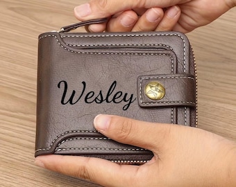 Cartera personalizada de piel sintética marrón con tarjetero grabado