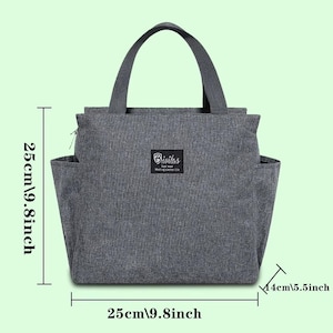 May include: Gray insulated lunch bag with a top handle and side pockets. The bag is 9.8 inches wide, 9.8 inches tall, and 5.5 inches deep. The bag has a small label that reads "Brivilas" and "Meeting better life".