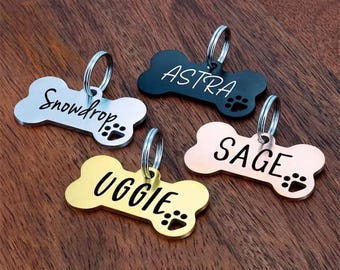 Placa de identificación para mascotas con forma de hueso de acero inoxidable grabada a medida, placa personalizada con el nombre del perro.