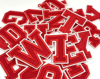 Red Letters Chenille Embroidered Iron On Patch, Applique DIy Name Badge Alphabet Patches For Clothing Bag Accessories A-Z