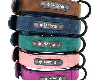 Collar de cuero para perro grabado a medida, identificación personalizada para mascotas, collar ajustable.