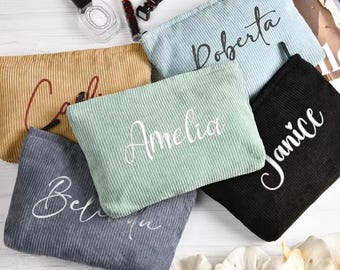 Bolsa de maquillaje de pana bordada personalizada, bolsa de cosméticos personalizada