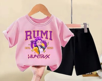 Custom Girls KPop Summer Outfit Set, Kids Cartoon 2PCS T-Shirt and Shorts Set, Casual O-Neck Top Elastic Waist Shorts