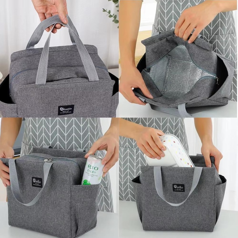 May include: A gray insulated lunch bag with a top handle and side pockets. The bag has a zippered main compartment and a silver insulated interior. The bag has a small black and white label that says "Bluskin".