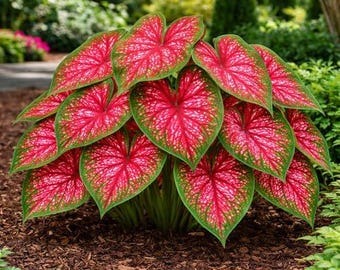 6 bulbos de Caladium Red Alert para plantar. Hojas de color rojo brillante y verde moteado. Planta de follaje tropical para jardines de sombra, macetas y parterres.