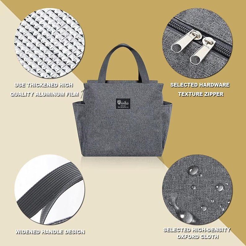 May include: Gray insulated lunch bag with a widened handle design and side pockets. Features include a high-density Oxford cloth exterior, a textured zipper, and a thickened aluminum film interior. The bag has the brand name "Gliaiks" on a small label.