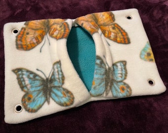 Ready to Ship! 9”x13” Pocket Hammock for Pet Rats, Sugar Gliders - All Fleece Cream Butterflies with Teal Blue Interior