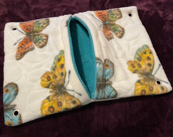 Ready to Ship! 11"x16" Quilted Pocket Hammock for Ferrets, Pet Rats - All Fleece Cream Butterflies with Teal Blue Interior