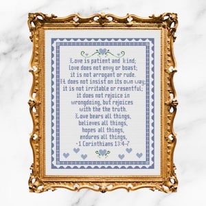 El amor es paciente 1 Corintios 13:4-7 Patrón de punto de cruz azul PDF / Descarga instantánea