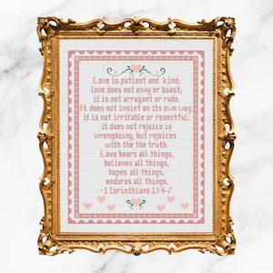 Love Is Patient 1 Corinthians 13:4-7 Pink Cross Stitch Pattern PDF  | Instant Download