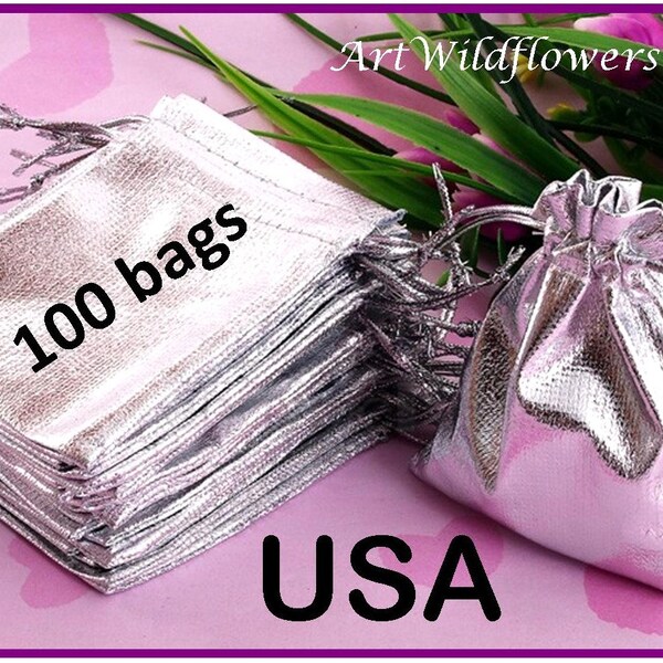 100 Silver Bags - 5x7cm Silver Organza Bags - Metallic Silver Lame - 2-3/4 x 3-1/2 inch size