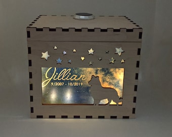 Lighted Pet Urn - Fairy light, battery or USB option, rainbow bridge, dog urn, pet urn, engraved urn, personalized urn, wood urn