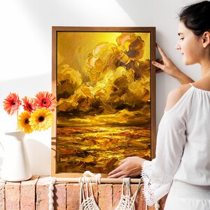 Feng Shui-muurkunst Gold Cloud: metalen element, impasto-olietextuur, digitale download