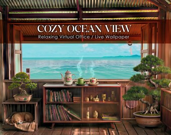 Casa de playa con fondo de zoom: vista rústica al mar en bucle animado para oficina en casa o transmisión