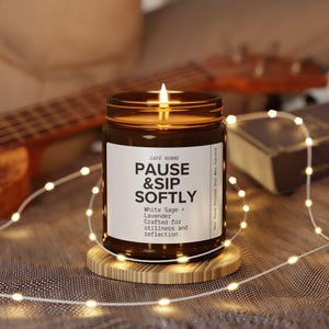Pause & Sip Softly Candle | White Sage Lavender Soy Candle | Cozy Self Care Gift | Healing Candle | Café Ronne Candle