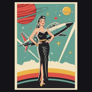 Puede incluir: Ilustración retro de una mujer con un vestido negro, un avión a reacción y planetas en el fondo. La obra de arte presenta una paleta de colores de verde azulado, rojo, amarillo y negro, evocando una estética vintage.