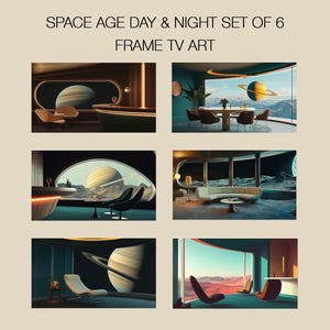 May include: A set of six digital art prints for a frame TV, titled SPACE AGE DAY & NIGHT SET OF 6 FRAME TV ART. The images feature futuristic interior scenes with large windows overlooking planetary landscapes, Saturn-like rings, and moon surfaces.