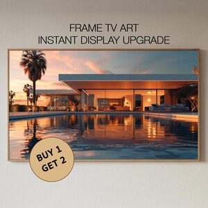 Luxury Modern House Frame TV Art, Glass Villa Sunset Pool View Ambient Display